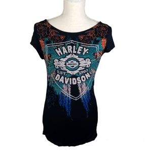Harley Davidson Rose Wing Tee XS Black -Lace Back -Rhinestone Embellished